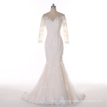 Mermaid Champagne Sheer Neck Wedding Dress with Sleeves